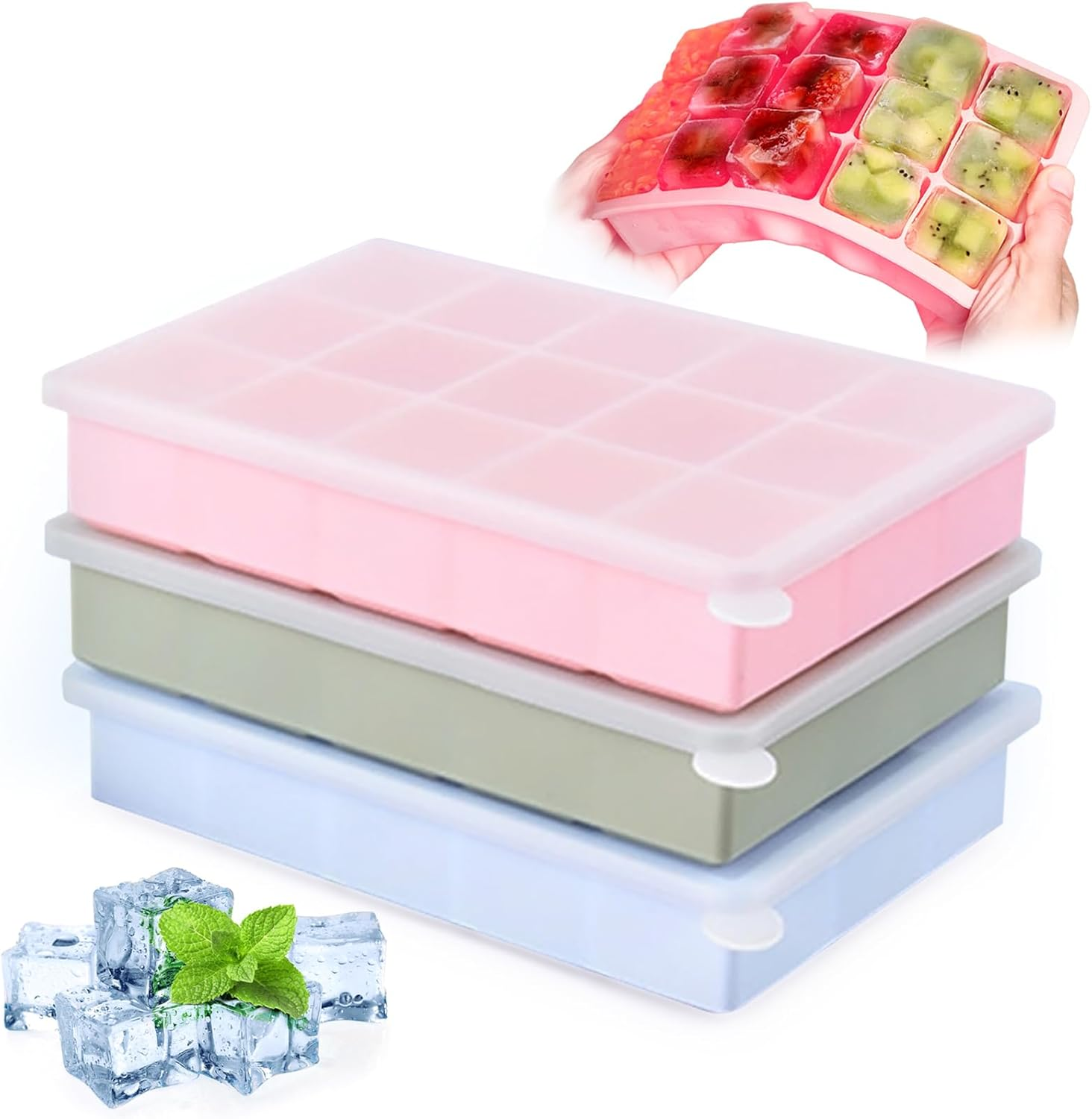 3 Packs Silicone Ice Cube Trays with Lid, 45 Cubes Ice Cube Mould, Stackable Ice