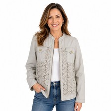 Chicos Lightweight Jacket Size 2 L 12 Beige Crochet Lace Chest Pockets Full Zip