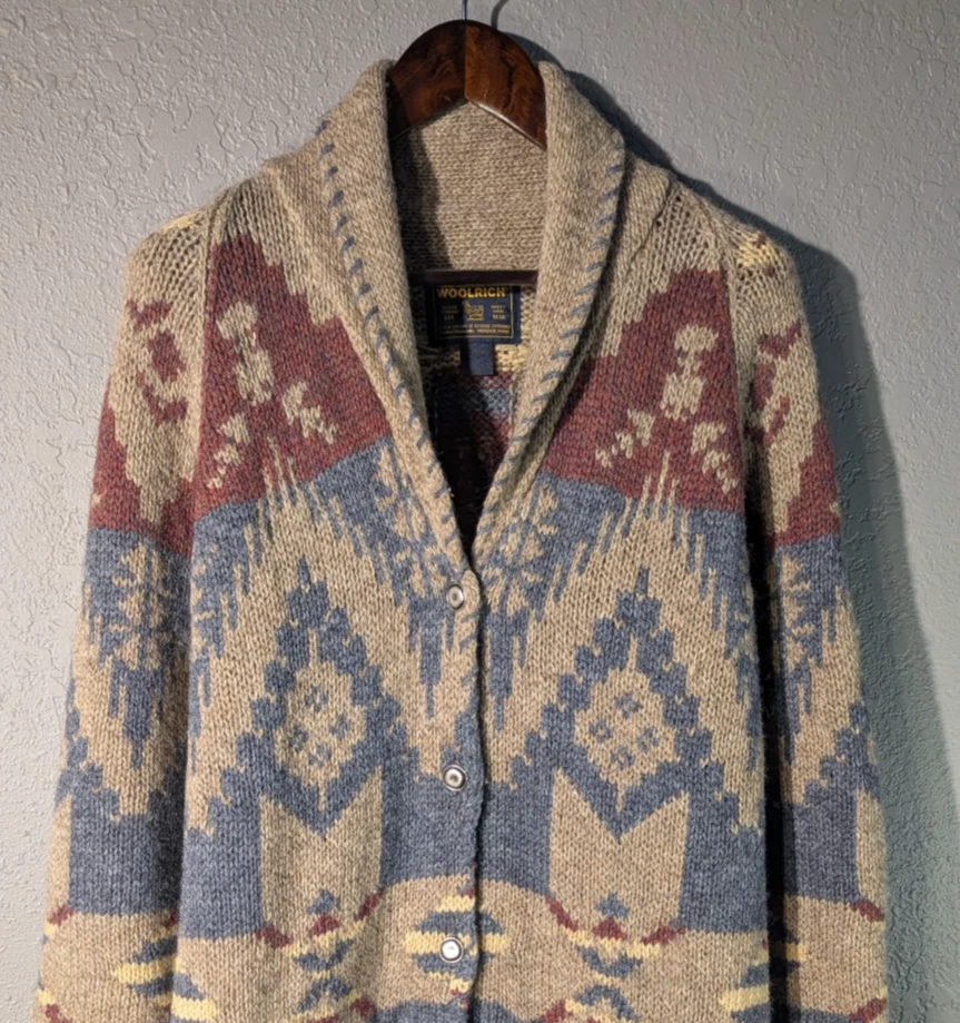 Cárdigan de punto azteca vintage Woolrich 100 % lana para mujer L con botones Foto 3 de 4