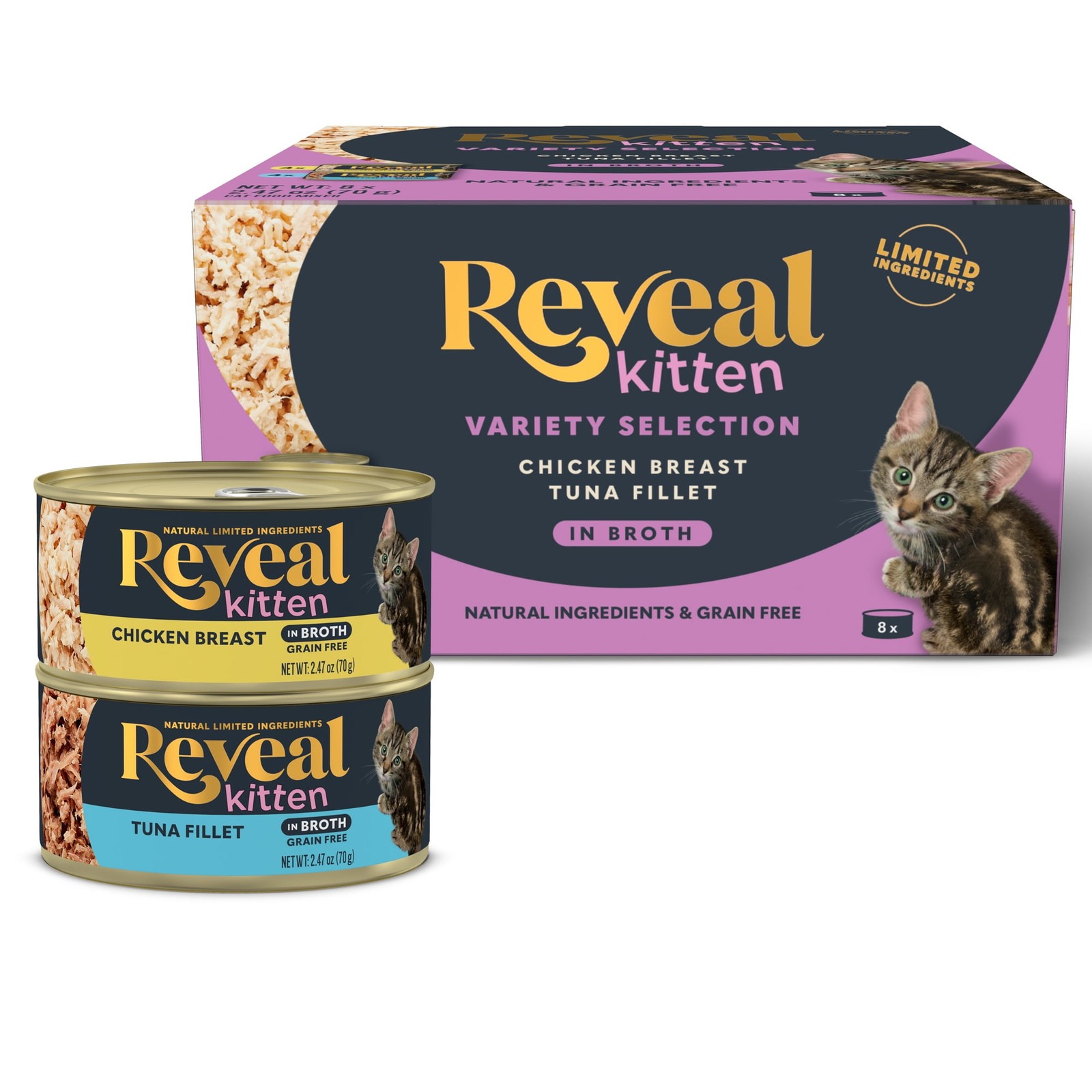 Natural Wet Kitten Food, Chicken & Tuna Broth Variety Pack, 8 x 2.47oz Cans