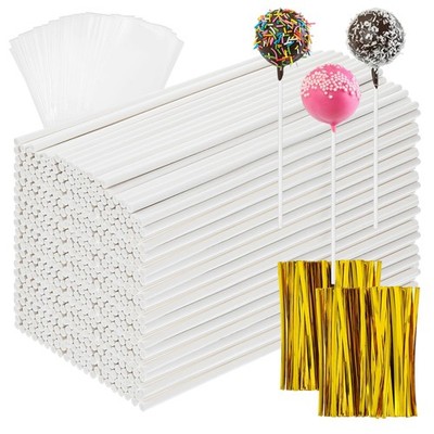 1500 PCS 6 Inch White Lollipop Cake Pop Sticks Clear Treat Bags Gold Ties Kit