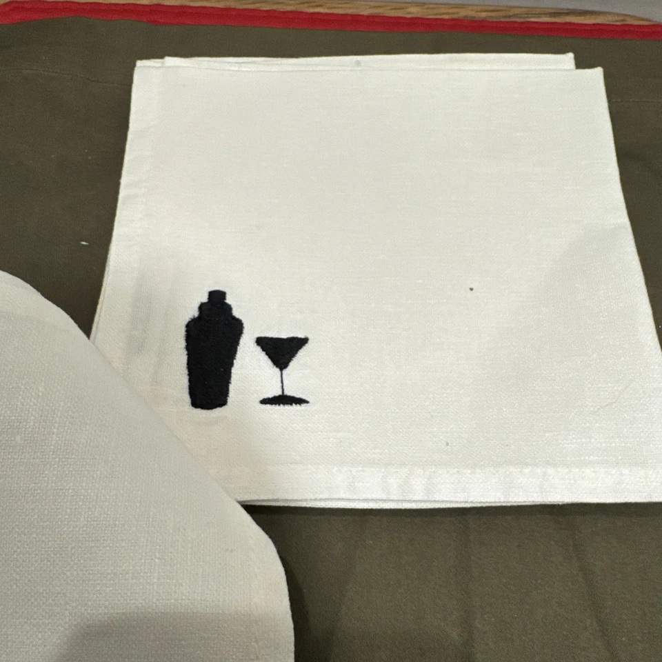 Pottery Barn Cocktail White Lenin Napkins Set 3 Cotton Embroidered Martini Glass - Image 2 of 3