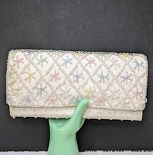 Vintage Hand Beaded Pastel Starburst Pattern Envelope Clutch Snap Evening Bag