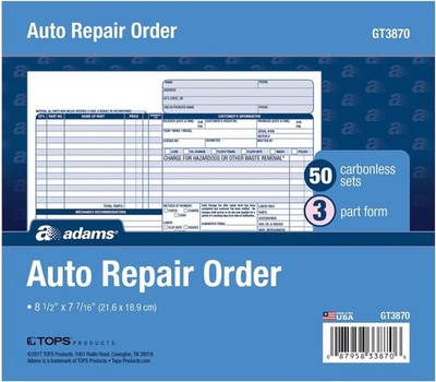 Adams Auto Repair Order Forms, 8.5 X 7.44, 3-Part, Carbonless, 50-Pack (GT3870)