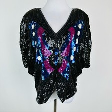 Vintage 70  s 80  s Silk Sequin Beaded Butterly Top One Size