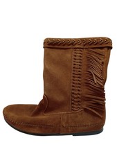 Minnetonka 1692 Brown Suede Fringe Zip Boots Women  s Size 9 Beaded With Box Boho
