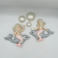 Mermaid Dolphin Chalkware Wall Plaque Kitsch Kitschy MCM Retro VTG Style Set