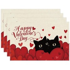 Valentines Day Placemats Set of 4, Happy Valentine's Day Cat and Love Heart P...