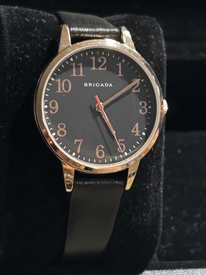 Brigada Black Dial Watch Rose Gold Tone Case Red Second Hand New Battery Strap