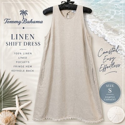 Tommy Bahama Linen Shift Dress S Beige Sleeveless Fringe Hem Coastal Grandma