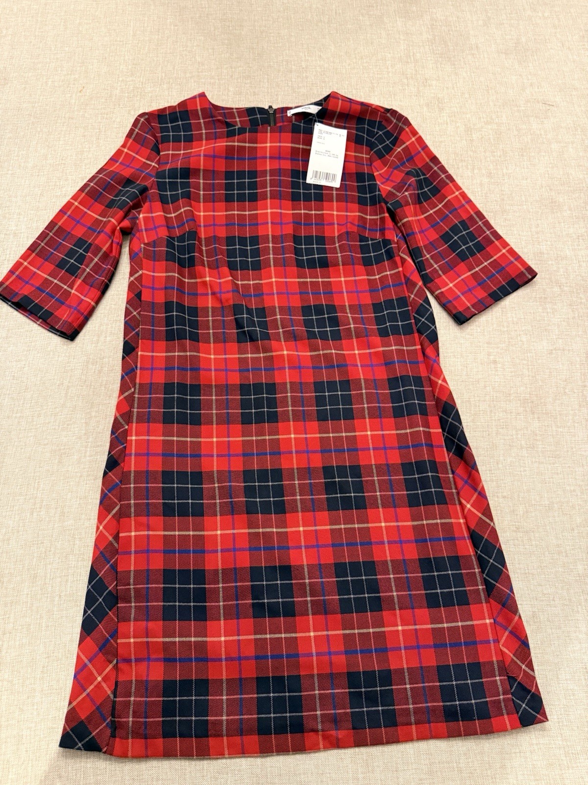 MNG Mango Dress Shift Plaid Black Red Academia Scoop Back 3/4 Sleeve Size 4 thumbnail 3