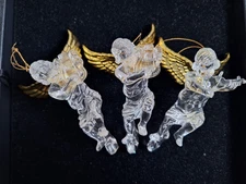 Christmas Ornaments Set of 3 Angel Clear Acrylic Gold Wings