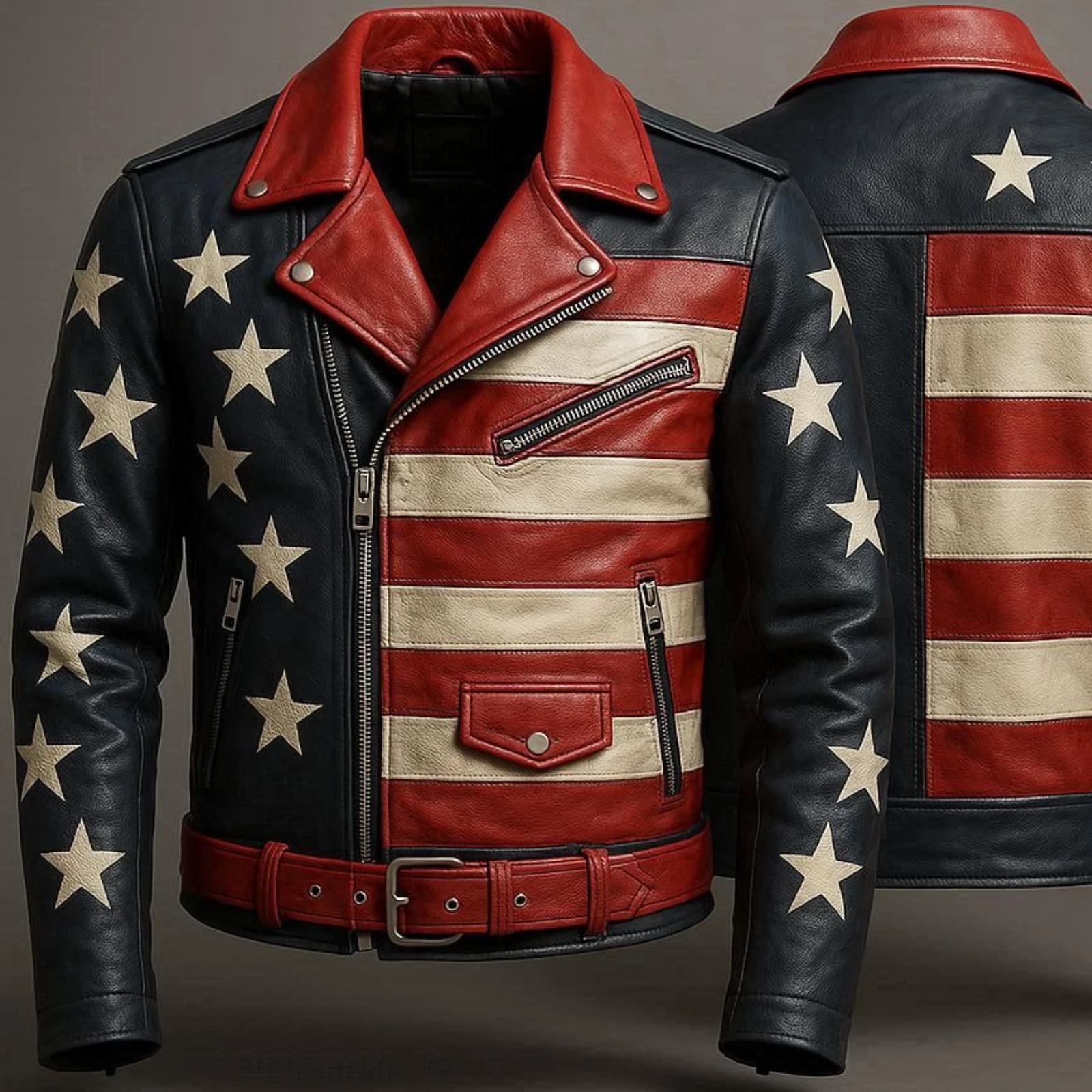 Men’s American Flag Biker Jacket Real Sheep Leather Moto Coat by JW Leather USA