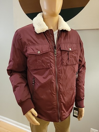 NWT GUESS Quilted Jacket Faux Fur Collar Maroon Casual Mens Size Large - 第 1/20 張圖片