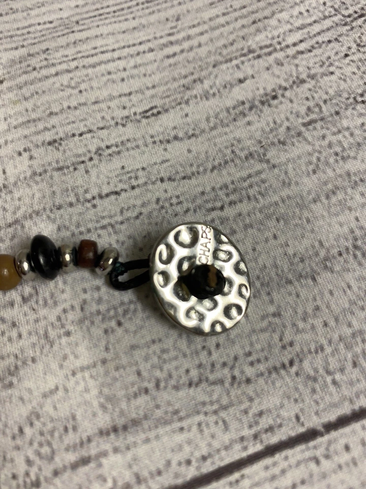 "Collar Chaps ojo de tigre vidrio negro con cuero, broche de botón tono plata 17""!"! Foto 4 de 4