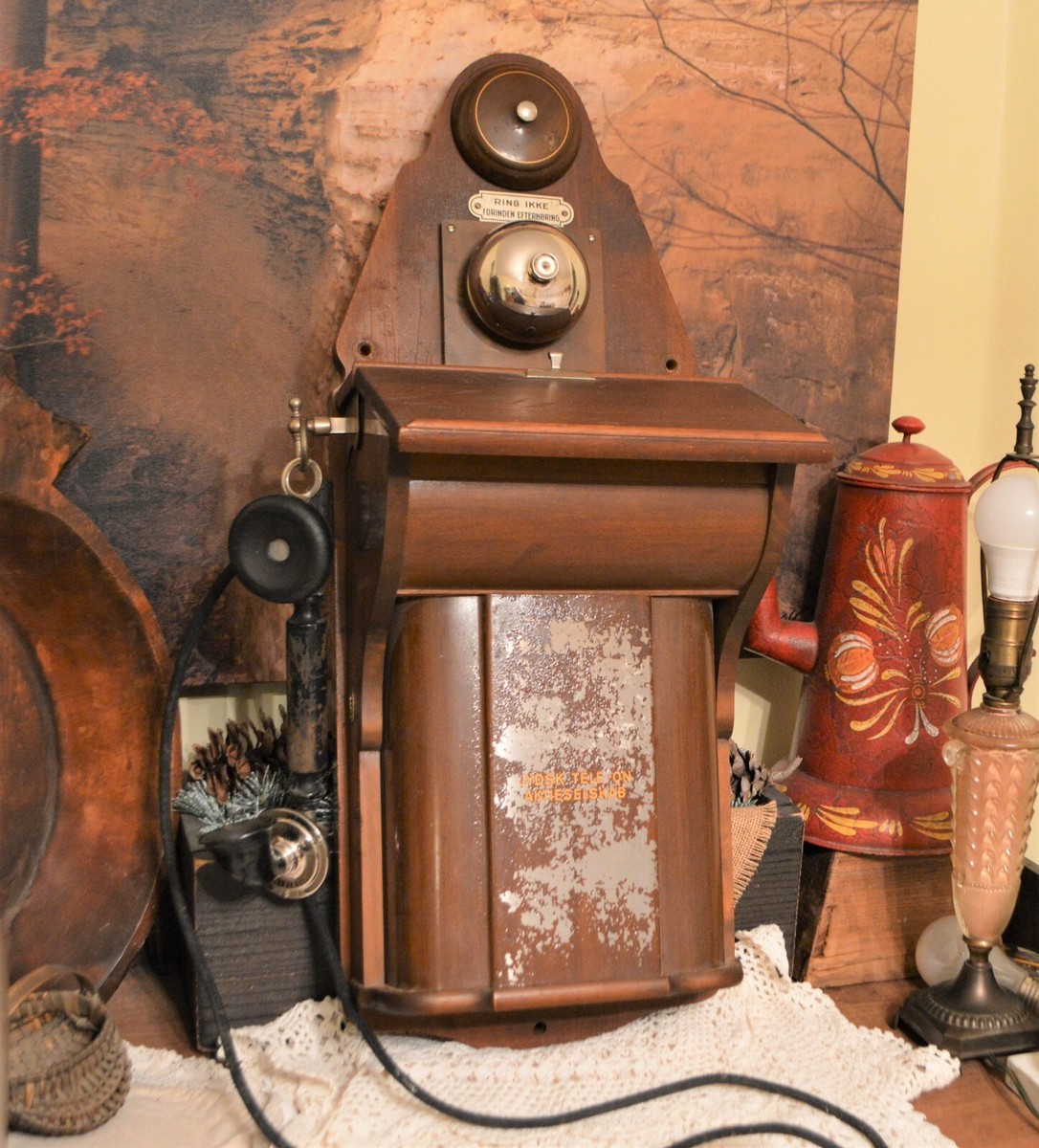 1900-20's ANTIQUE JYDSK DANISH WALL TELEPHONE MAHOGANY CASE
