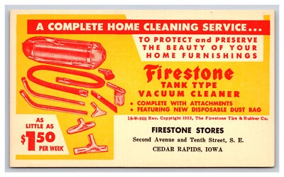 Firestone Vacuum Cleaner Postal Card, Cedar Rapids Iowa IA Postcard