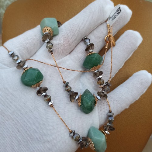 Magnolia Necklace 14K Gold Plated Aqua Jadeite/Jade Long Statement Hanukkah Gift - Picture 2 of 16