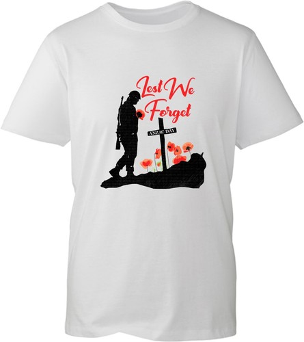 Lest We Forget Anzac Day T-Shirt Remembrance British Armed Forces Poppy Flower - Picture 3 of 4