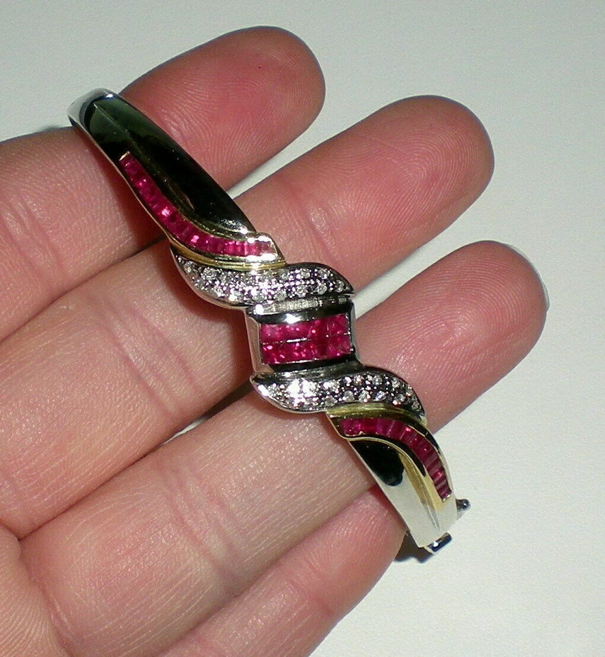 4Ct Princess Cut Lab Created Ruby 14K Two Tone Gold Plated Womens Classic Bangle - Image 3 of 4