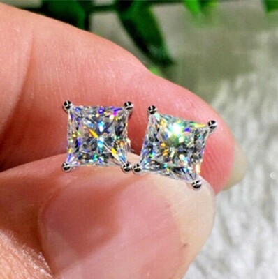 PRINCESS CUT 2CT LAB CREATED DIAMOND SOLITAIRE STUS EARRINGS 14k WHITE GOLD OVER