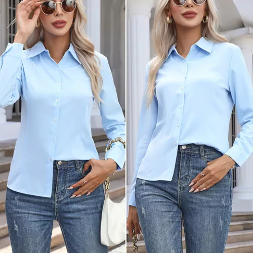 Damen Button Down Shirt Top Bluse Langarm Kragen Einfarbig Büro Arbeit Kleid - Bild 13 von 29