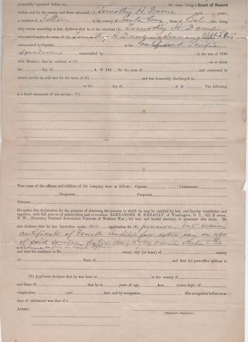 Mexican War Pension Application   11th U.S. Infantry Regiment vet   1880s
