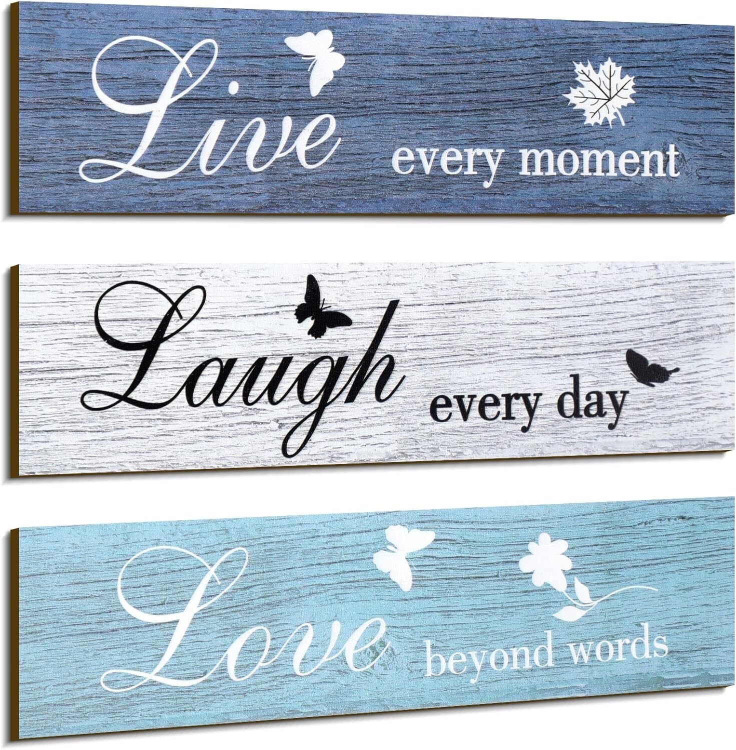 3 Pieces Rustic Wood Sign Wall Decor Live Love and Laugh Quote Blue Series