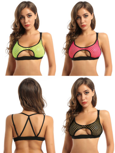 Women's Sheer Crop Tops Mesh Hollow Out Fishnet Strappy Bra Top Crisscross Back - Picture 2 of 65