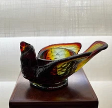 Vintage Boyd Art Glass Rubina Bird & Berry Open Salt Dip Cellar UV Reactive