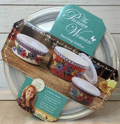 THE PIONEER WOMAN Pioneer Woman Dazzling Dahlias Kitchen Ceramic Storage Containers Lids 3-Pc NEW