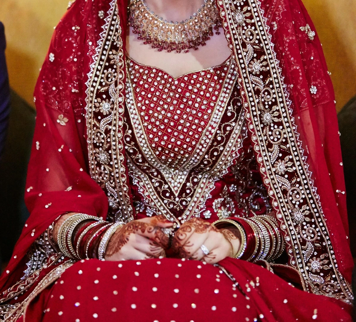 Indian Pakistani Asian bridal wedding dress Mongas red train