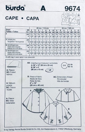 Burda Sewing Pattern 9674 | Girls Capes w Pockets & Capelet | Sizes 4 - 10 - Picture 2 of 2