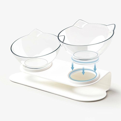 Double Cat Bowl 15° Tilted Raised Stand Cat Water Food Feeding Dishes Feeder - Picture 10 of 13