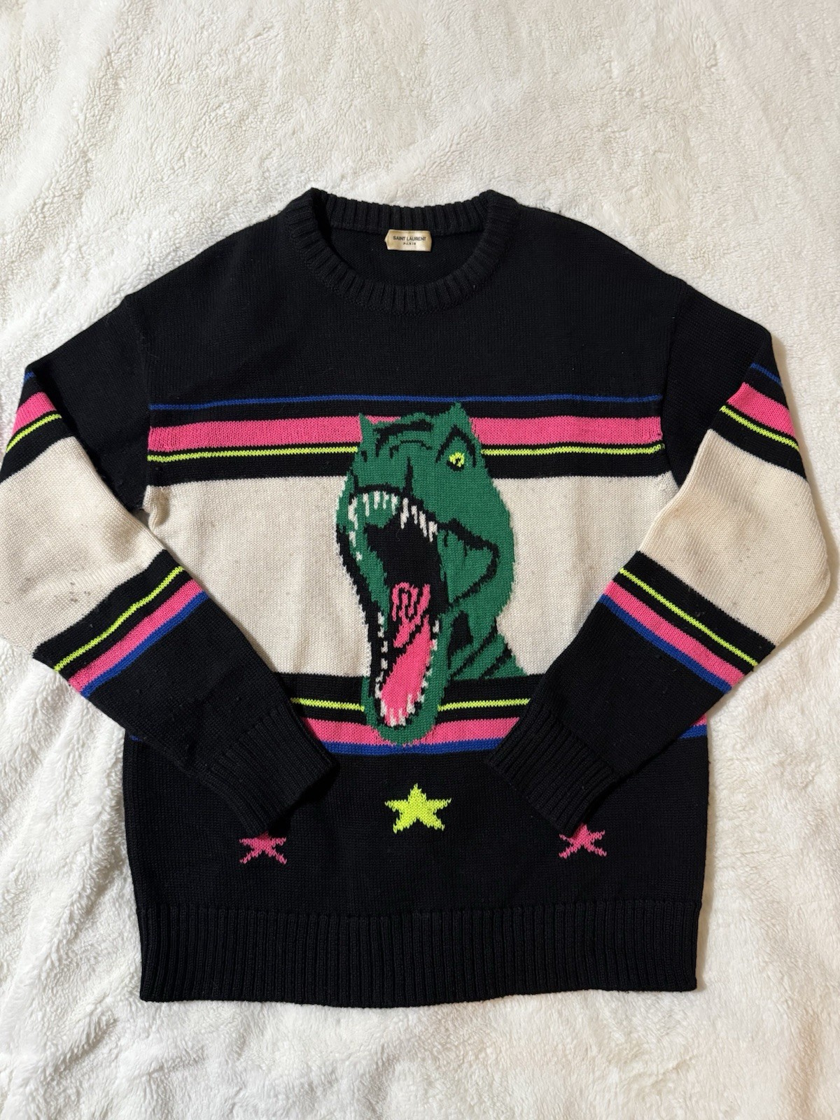 Maglione dinosauro Hedi Slimane x Saint Laurent Paris Runway T Rex