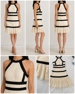BCBGMAXAZRIA Lace Halter Dress Size 8 Gardenia Cream Black Ruffle Cocktail NWT