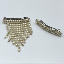Vintage 2pc Faux Pearl Hair Barrette Set Waterfall Fringe Drape Beaded Wedding