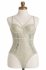 Sage Green Lace Teddy Bodysuit Sheer Mesh Strappy Lingerie XS Coquette Romantic