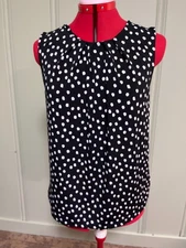 Jones NY Black Polka Dot Sleeveless Blouse Pleated Neck Size S