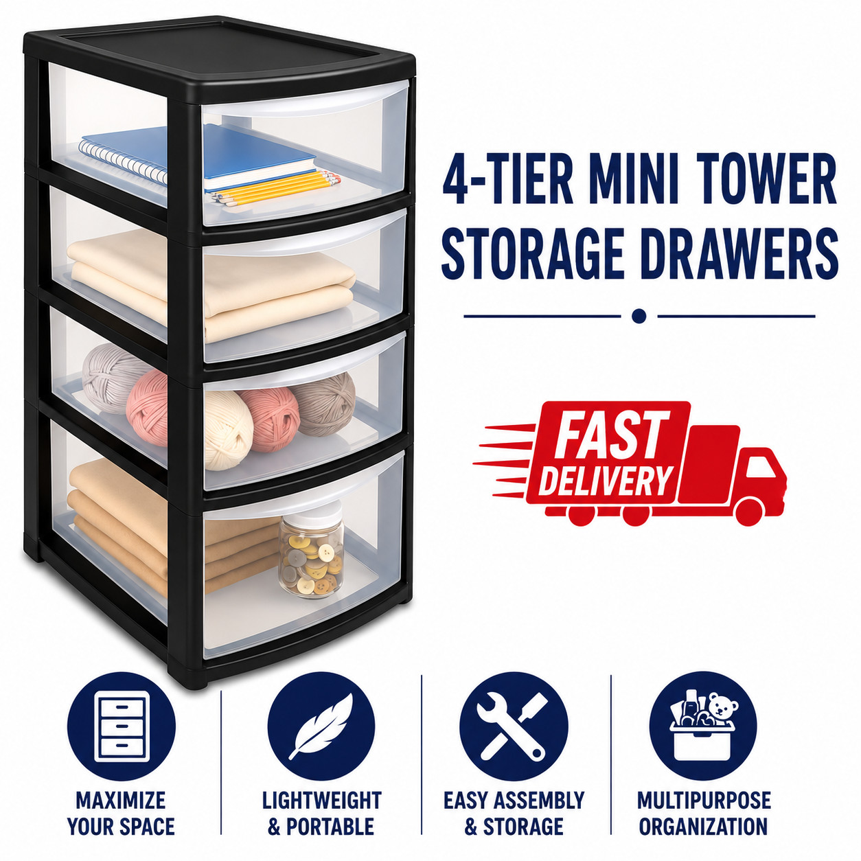Mini 4 Tier Storage Drawer Unit Plastic Organiser Boxes Space Saving Drawer