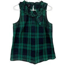 Talbots Navy Green Tartan Plaid Blouse Sleeveless Ruffle Neck Bow Party Small P