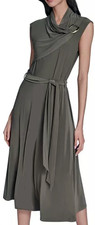 NWT HALSTON Jersey Mock-Neck Draped Midi Dress, Gold buckle detail, Sage, 4