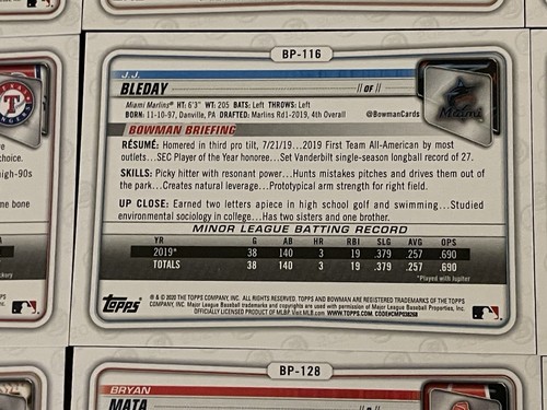Lot Of 55 Cards - 2020 Bowman - Bowman Prospects / No Duplicates / Set Builder - Picture 14 of 22