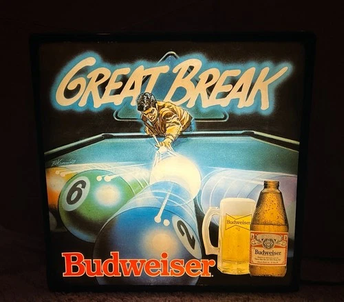 RARE VINTAGE BUDWEISER BEER GREAT BREAK POOL LIGHTED SIGN-ALE-BAR-BUD-LAGER