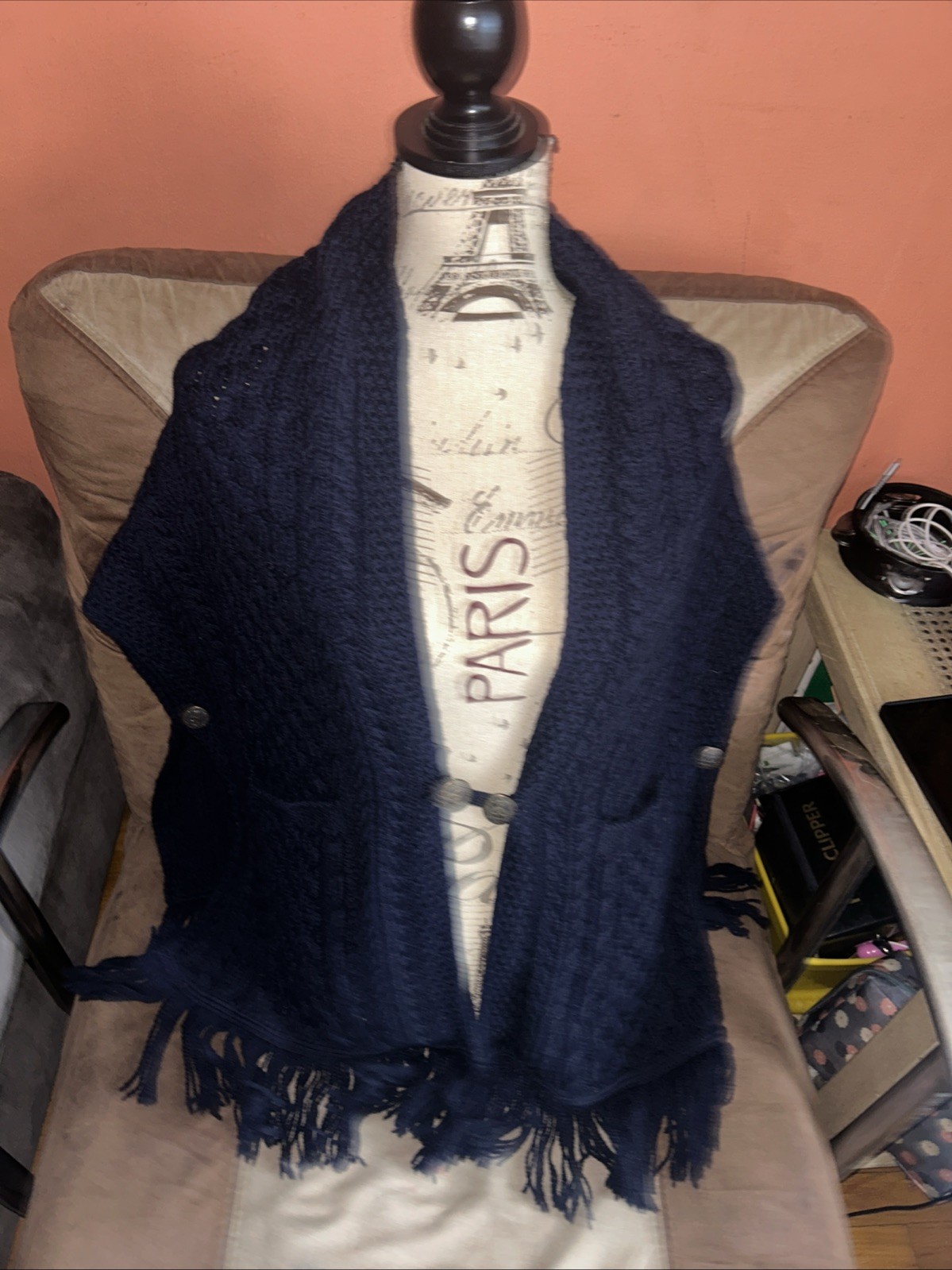 SAOL Aran Poncho Cardigan Women's 100% Merino Wool Cowl Neck Cape One Size