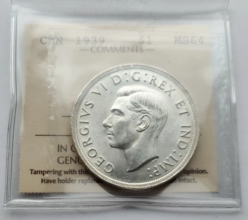 1939 CANADA SILVER DOLLAR - ICCS CERTIFIED MS64 - KING GEORGE VI $1 DOLLAR COIN
