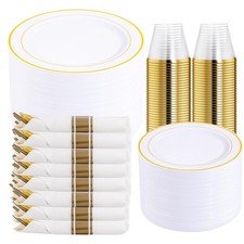 350PCS Gold Plastic Dinnerware Set for 50 Guests, Fancy Disposable Plates for...