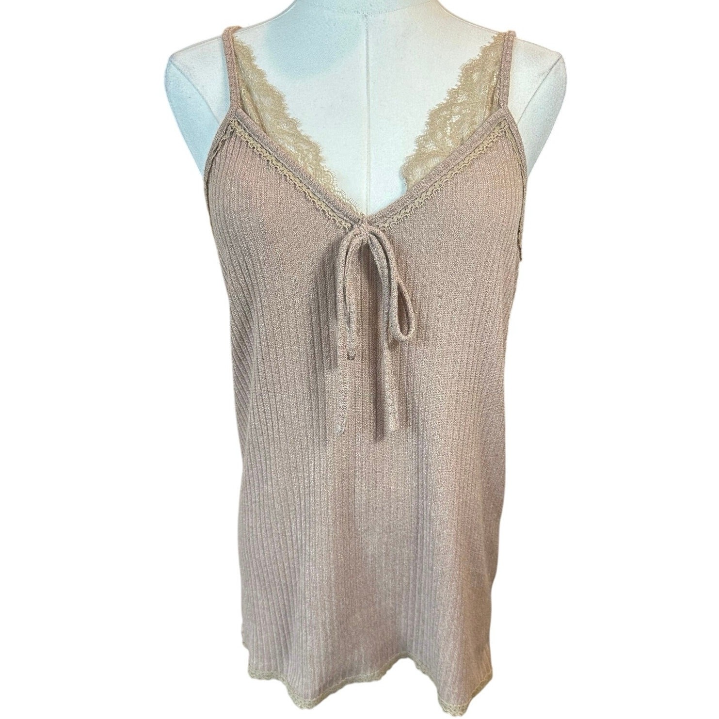 POL Anthropologie Y2K Stretch Rib Long Fitted Cami Lace Trim Tank Top Size Large