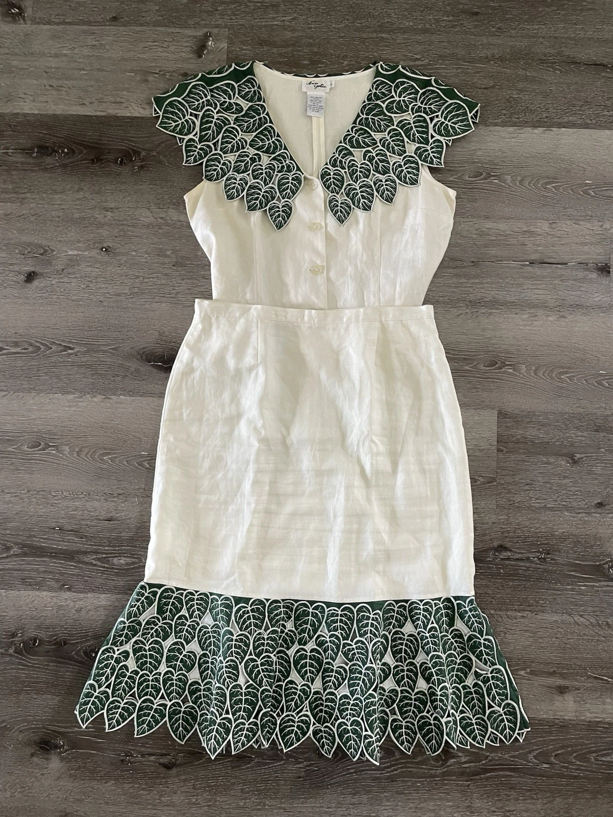 Leaf Embroided cream Linen Top & Skirt women's sz 14 cottagecore