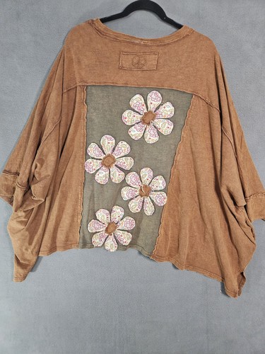 Camicia BlueVelvet Color Block Pannello Toppe Fiori Moka Oversize Boho Medium - Foto 11 di 14